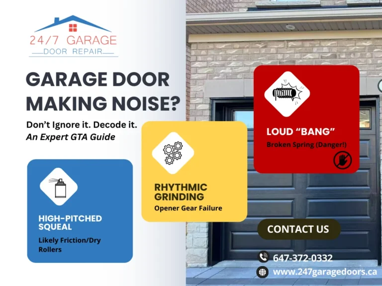 Infographic guide to noisy garage doors: Blue panel for squeaky rollers, Yellow for grinding gears, and Red warning for broken springs. 24/7 Garage Door Repair GTA contact info.