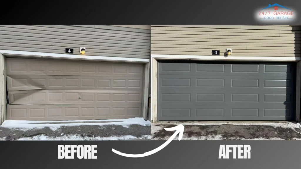 Before and after comparison of impact-damaged garage door replaced with new grey insulated door by 24/7 Garage Door Repair